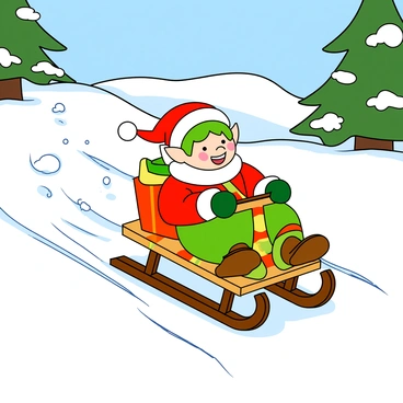 A cheerful elf with pointed ears and vibrant green hair is riding a colorful wooden sled down a snowy hill. The elf is wearing a red and green outfit, complete with a jingly hat and fluffy white trim. The sled is adorned with bright patterns, and snowflakes are flying up behind as the elf speeds down the hill. The elf's face is lit up with a joyful expression, and their eyes sparkle with excitement. In the background, snow-covered trees and gently rolling hills create a winter wonderland setting.