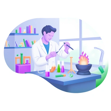 A modern pastel illustration depicting a scientist in a lab coat, focused on conducting an experiment. The scientist is standing at a laboratory bench filled with various test tubes, each containing colorful liquids. Beside the test tubes, there is a Bunsen burner and a set of measuring tools. The background includes shelves lined with scientific books and equipment, and there is a large window letting in soft light. The scientist is holding a pipette, carefully adding liquid from one test tube to another.