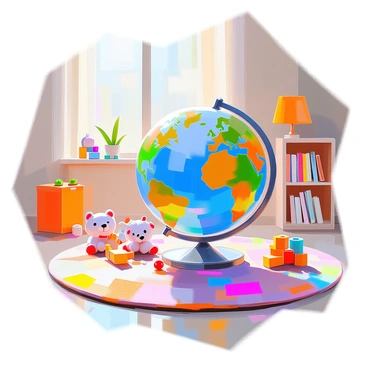 A colorful globe with exaggerated continents is placed in a bright playroom. The globe features vibrant shades of blue and green, with the continents depicted in exaggerated shapes and sizes, highlighting mountains and valleys. The playroom includes a soft, multicolored carpet, with toys scattered around, such as plush animals and building blocks. Sunlight streams in through a window, casting playful shadows on the floor. A small bookshelf filled with children's books is visible in the background, adding to the cheerful atmosphere of the room.
