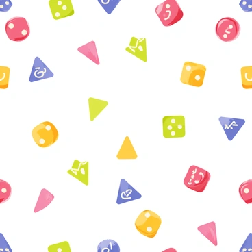 A seamless pattern featuring various colorful dice scattered across a white background. The dice display different numbers on their faces, with vivid colors such as red, blue, green, yellow, and purple. Each die has a glossy finish, reflecting light in a playful manner. The arrangement of the dice is random yet balanced, creating a vibrant and lively visual effect suitable for a repeating design.