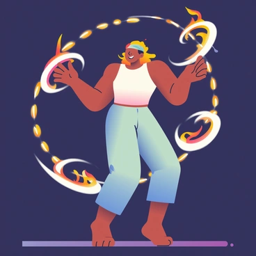A fire dancer with dark skin is spinning two flaming poi, creating bright, swirling trails of light in the dark. The dancer is wearing a fitted, sleeveless top and loose, flowing pants, which flutter with their movements. Surrounding the dancer, the dark background enhances the vivid flames, while the trails of light form intricate patterns in the air. The dancer's face shows concentration and enjoyment as they move gracefully, with their hair flying around them dynamically.