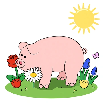 A cute pig with light pink skin and a round body is standing in a sunny garden. The pig has big, bright eyes and perked ears, looking curious as it sniffs a white daisy with a yellow center. Surrounding the pig are various blooming flowers in vibrant colors, including red roses, bluebells, and yellow tulips. The sun shines brightly overhead, casting soft shadows on the ground. The garden is lush with green grass and a few butterflies fluttering nearby.