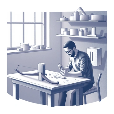 A craftsman in a workshop carving a wooden bow, surrounded by tools and materials
