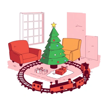 A red toy train set is circling around a green miniature Christmas tree placed on a small table in the center of a cozy living room. The Christmas tree is adorned with tiny colorful ornaments and a star on top. Soft light filters through a window, casting gentle shadows on the wooden floor. In the background, there are wrapped gifts neatly arranged under the tree, and a bright orange armchair is positioned nearby, inviting comfort. A small white rug lies beneath the table, adding to the warmth of the scene.