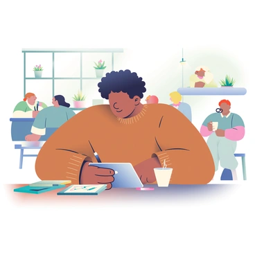 An artist with light brown skin and curly hair is seated at a wooden table in a cozy cafe. They are focused on a Samsung tablet, with their right hand holding a stylus, while the left arm rests lightly on the table. The artist is wearing a warm, oversized sweater in earthy tones. Surrounding them are soft, ambient lighting and various potted plants on windowsills, providing a tranquil atmosphere. A steaming cup of coffee sits beside the tablet, and a stack of art supplies, including brushes and sketchbooks, is placed neatly on the table. In the background, there are other patrons enjoying their drinks and conversations, adding to the inviting environment.