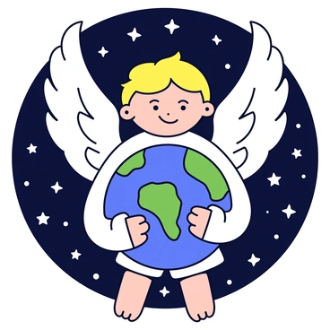An angel with a serene expression cradles a detailed representation of planet Earth in its hands. The angel has large, feathered wings that extend gracefully behind it. Surrounding the angel are numerous twinkling stars, depicted as small white dots against a dark background. The Earth shows vivid colors of blue for the oceans and green and brown for the landmasses, while the stars vary in size, creating a sense of depth.