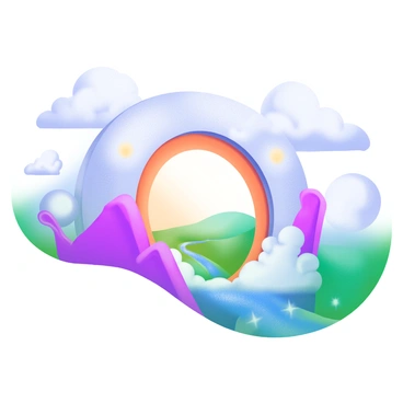 A vibrant scene featuring a "portal" surrounded by "fluffy clouds." The portal glows with a soft light, inviting curiosity. The clouds are varied in size and shape, some puffy and white, while others are wispy. Nearby, hints of a fantastical landscape can be seen through the portal, with "rolling hills" and "sparkling rivers" that suggest a land above the skies. Sunlight filters through the clouds, casting gentle shadows and creating a dreamlike atmosphere.