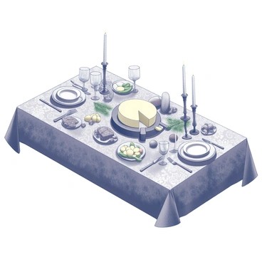 A richly decorated holiday table is arranged for a festive gathering. At the center of the table, there is a large round raclette cheese wheel, placed on a wooden cheese board. Surrounding the cheese, there are various accompaniments, including sliced potatoes, gherkins, and an assortment of cured meats. Elegant plates and cutlery are set at each place, with crystal glasses ready for drinks. The table is adorned with a tablecloth featuring intricate patterns, and a few candles are scattered across the surface, providing a warm ambiance. Seasonal decorations, such as pine branches and small ornaments, complete the festive atmosphere.