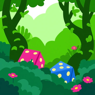 A set of colorful dice partially hidden among the green leaves and branches of a lush forest. The leaves are various shades of green, creating a vibrant backdrop. Sunlight filters through the tree canopy, casting dappled light on the dice, which feature bright numbers in contrasting colors. The branches are thick and entwined, with some moss growing along the bark. Small wildflowers peek through the underbrush, adding splashes of color to the scene. The overall composition invites a sense of adventure and discovery within the forest.