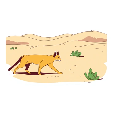 A yellow caracal with tufted ears is walking gracefully across a vast sandy desert landscape. The sand is undulating, forming gentle dunes that stretch towards the horizon. A few sparse green shrubs are scattered throughout the scene, providing a touch of color against the sandy backdrop. The caracal's sleek body is elongated, with its paws leaving subtle imprints in the fine sand as it moves. The sun casts soft shadows across the terrain, enhancing the texture of the sandy surface.