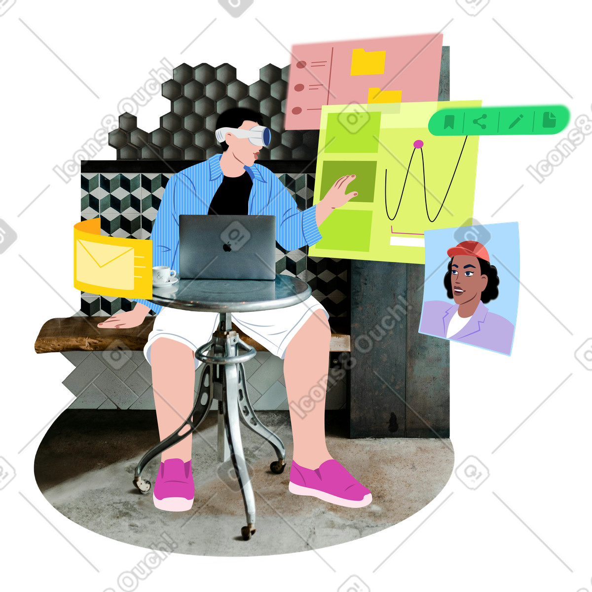 Ilustração animada de Homem óculos vr interagindo com uma interface virtual em no estilo Everyday para baixar em GIF, Lottie (JSON), AE