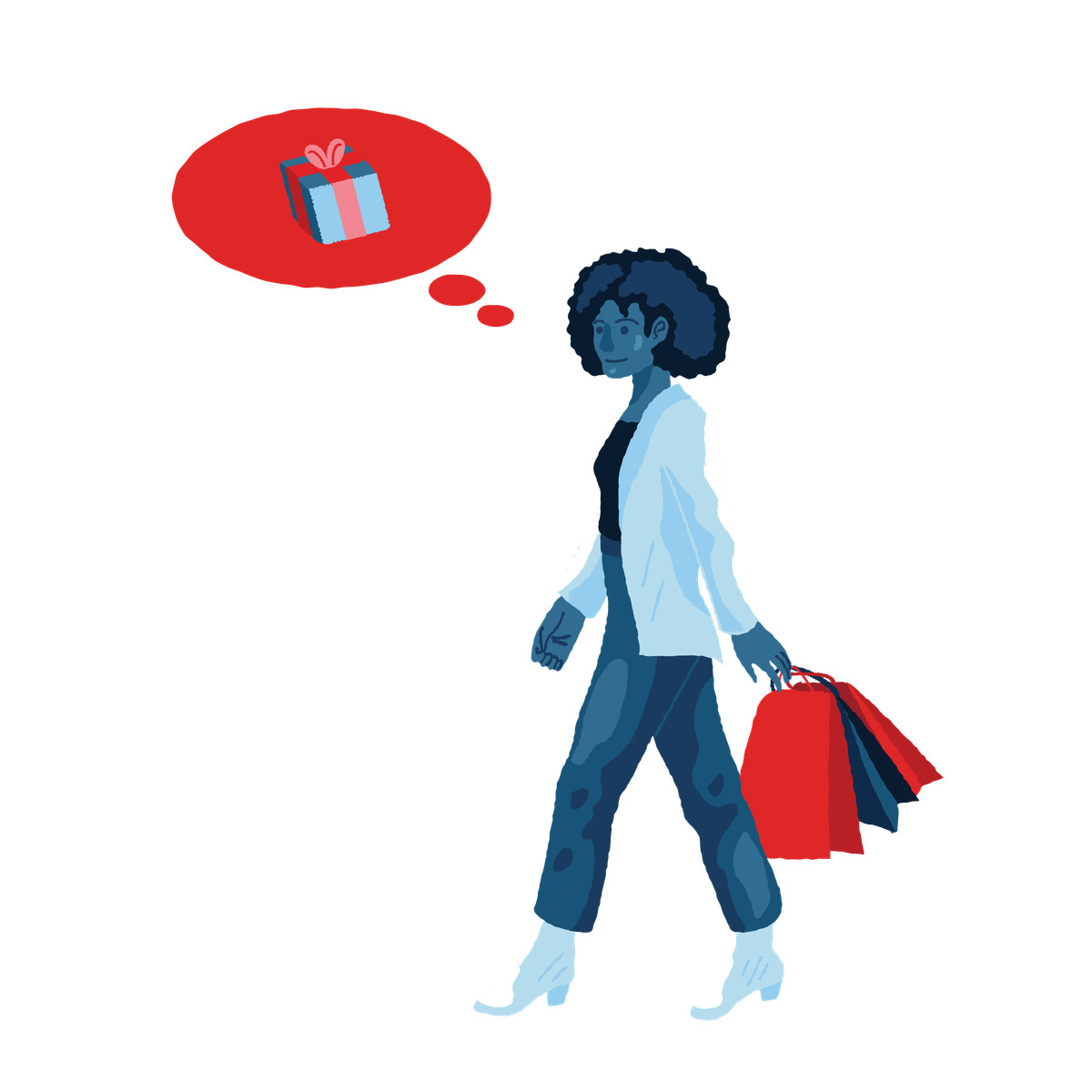 Woman shopping and thinking about presents illustrazione in stile Cherry scarica in PNG, SVG