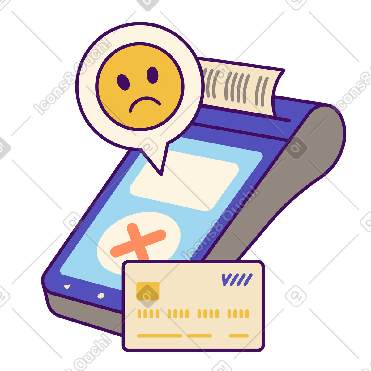 Simplistic スタイルの Payment terminal with declined card, Transaction failure or card error のアニメーションイラストをGIF、Lottie (JSON)、AEでダウンロード
