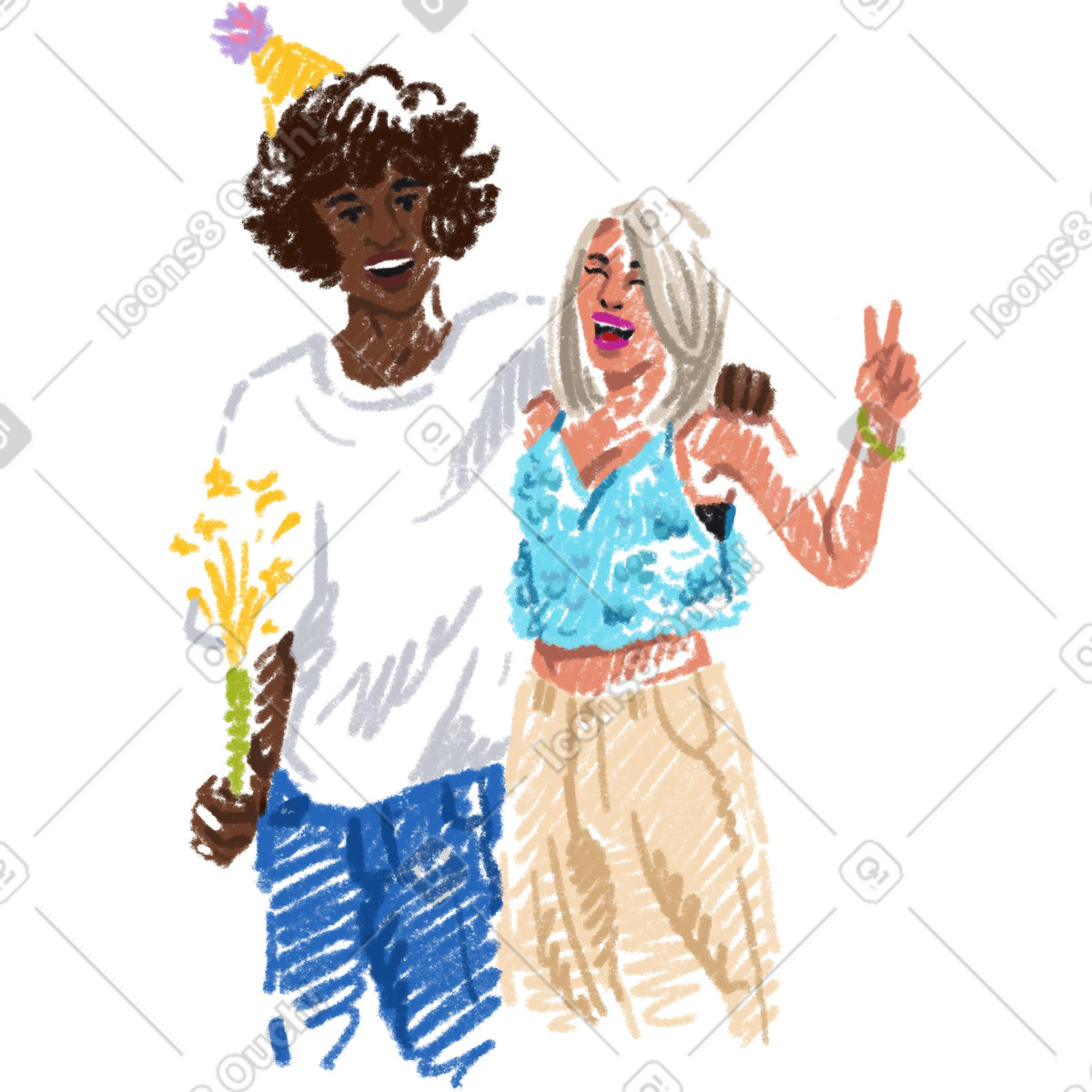 Man and woman posing for photo at party illustration in Sketchbook style download in PNG, SVG
