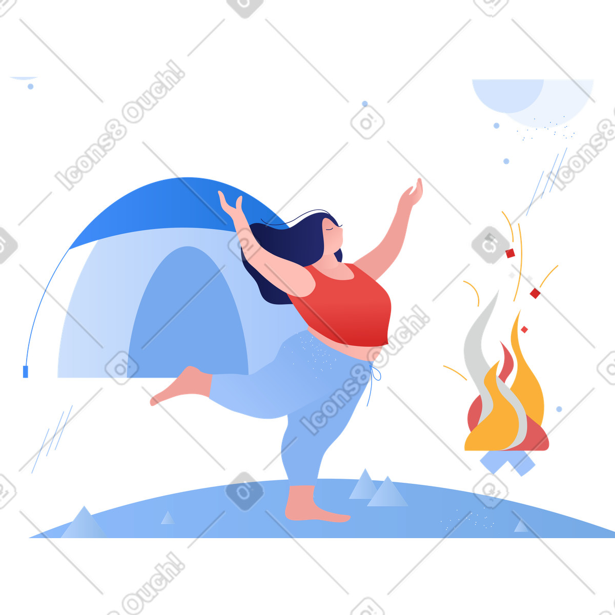 Illustration Femme faisant du yoga au camping dans le style Clip à télécharger aux formats PNG, SVG