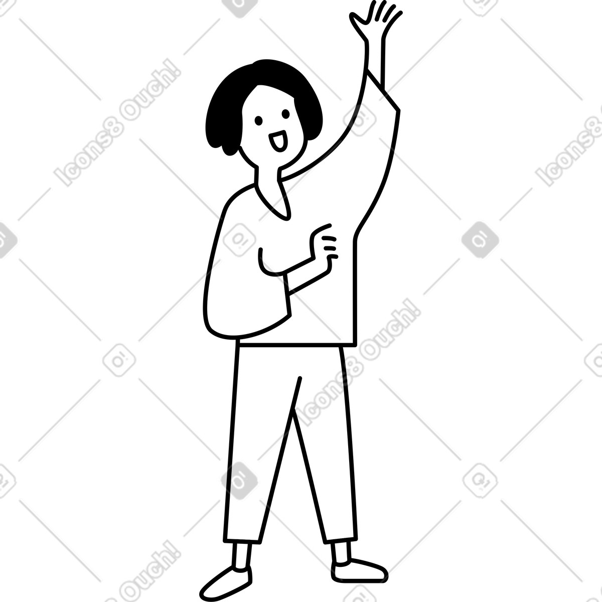 Иллюстрация Character waving hand upward with happy smiling open mouth в стиле Notion Line Art — скачать в форматах PNG, SVG
