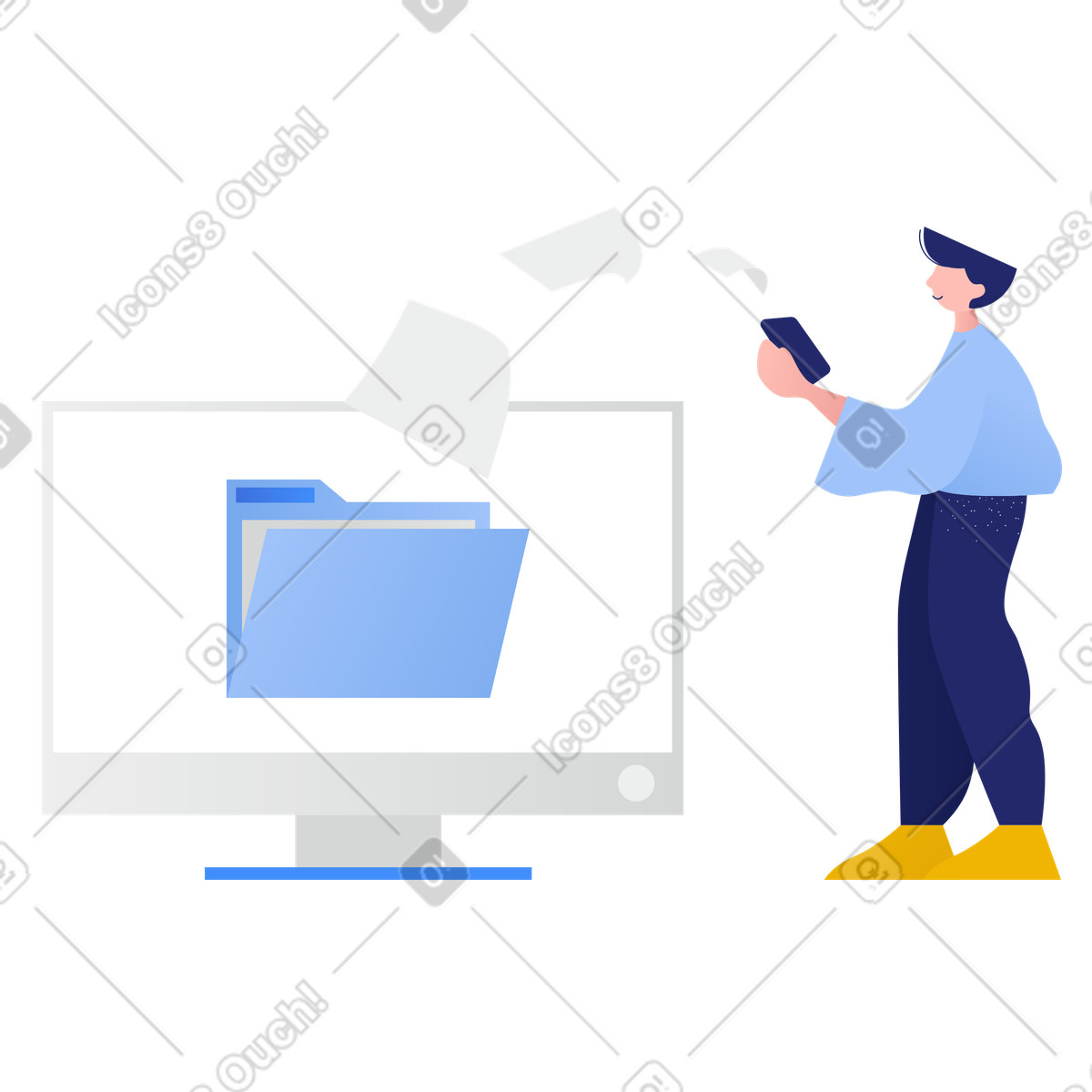 Uomo che trasferisce file dal telefono al pc illustrazione in stile Clip scarica in PNG, SVG