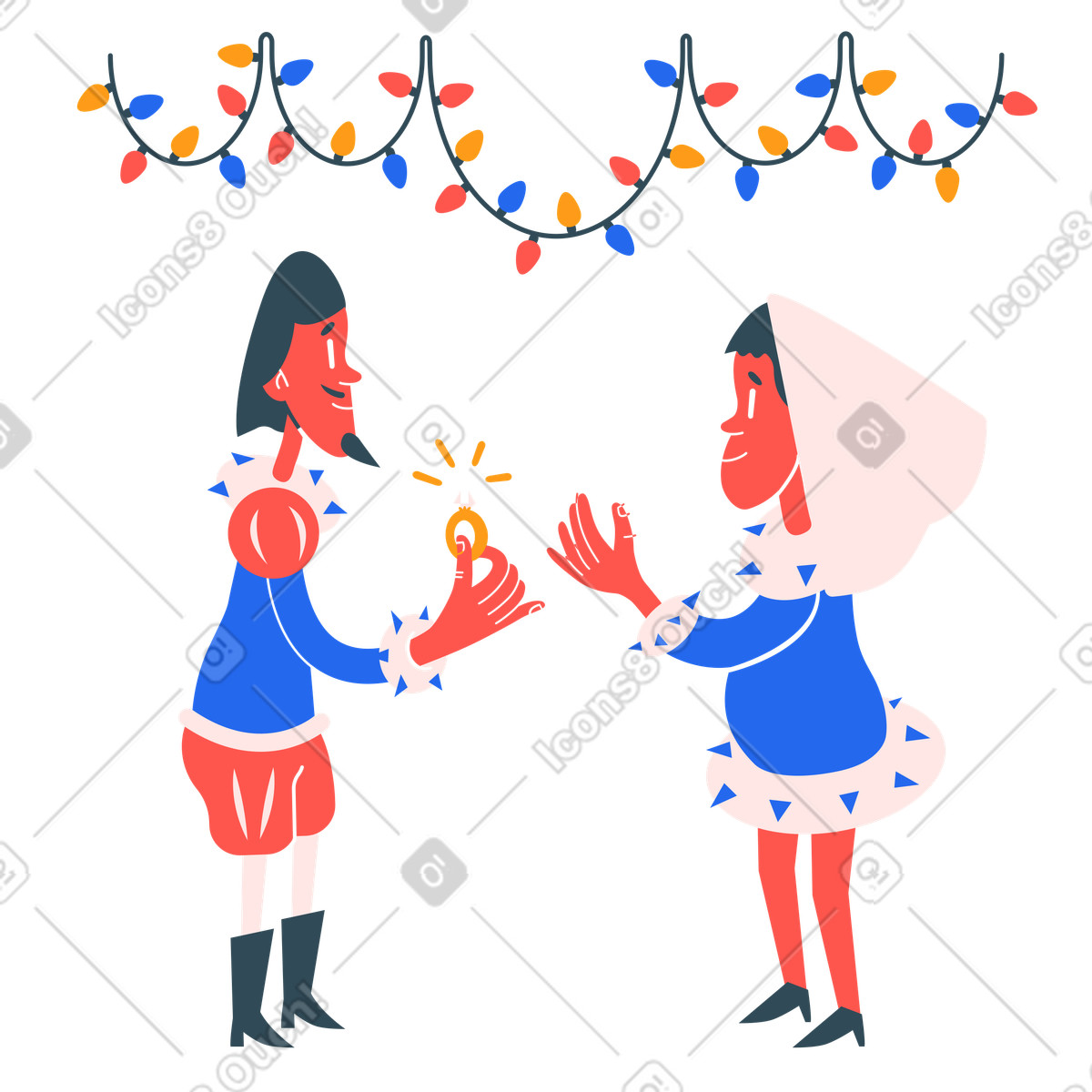 Couple getting married under christmas lights illustration in Kingdom style download in PNG, SVG