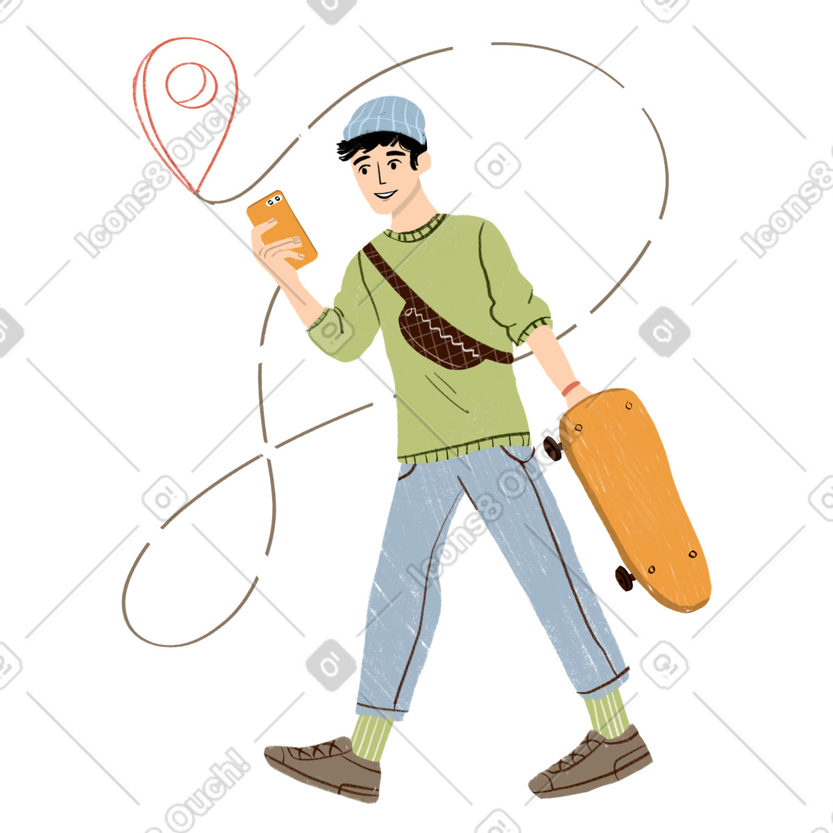 Lumiere 스타일의 Guy with skateboard following gps instructions 일러스트레이션 PNG, SVG 다운로드