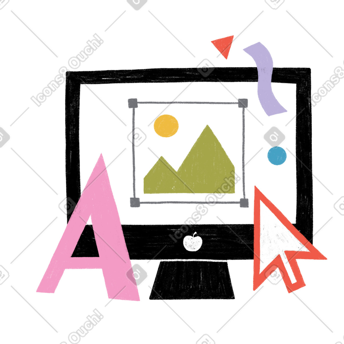 Computer with graphic design elements illustration in Tutti style download in PNG, SVG
