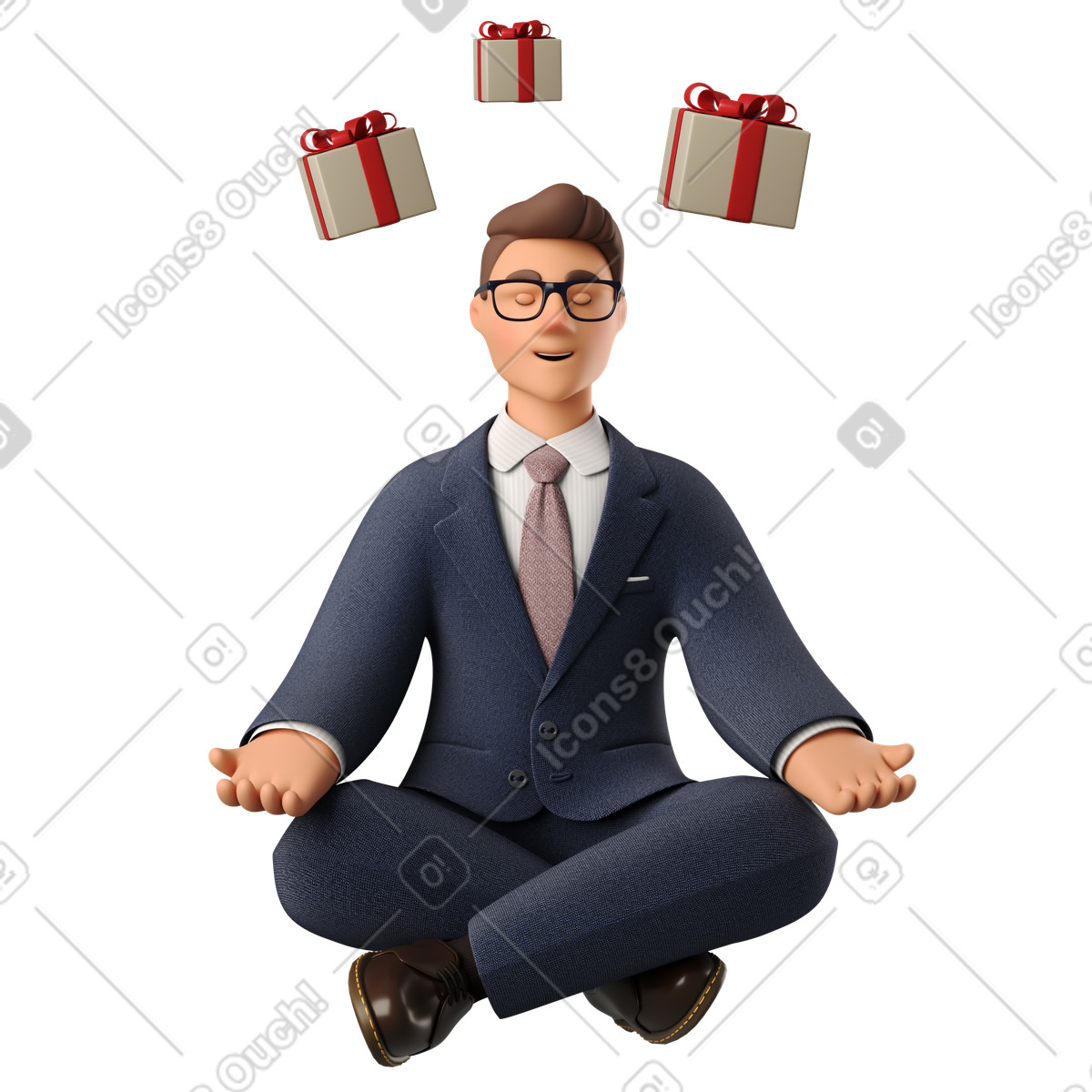 Geschäftsmann in lotus-pose träumt von geschenk-Illustration im 3D Business-Stil als Download PNG, SVG