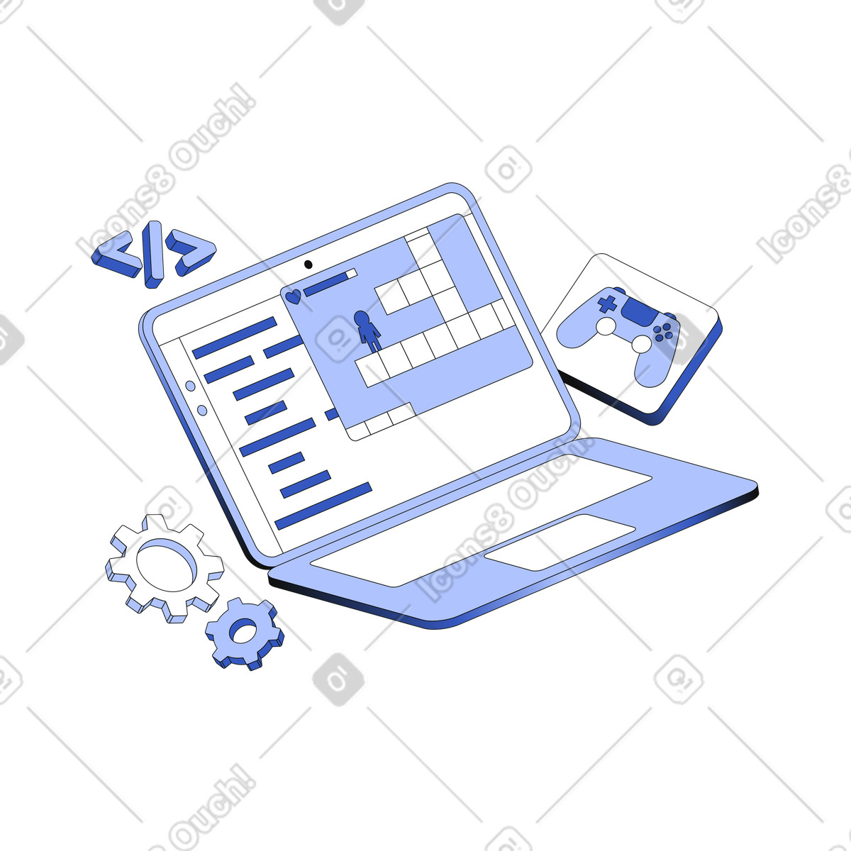 Game development and programming code on laptop illustration in PNG, SVG