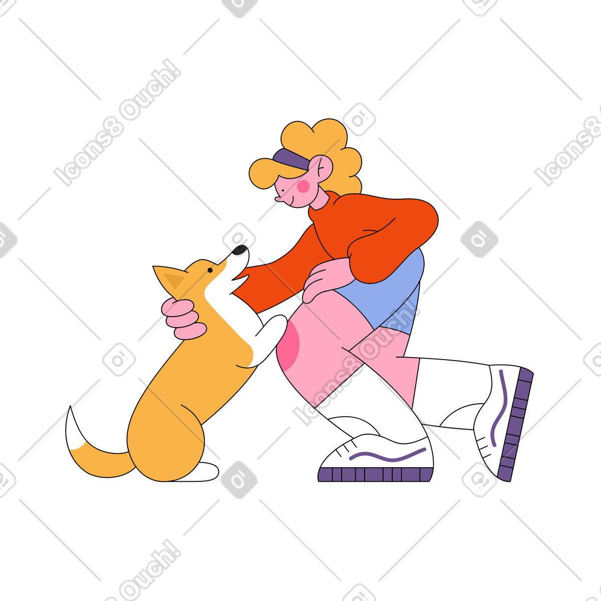 Girl petting corgi dog illustration in Bloom style download in PNG, SVG