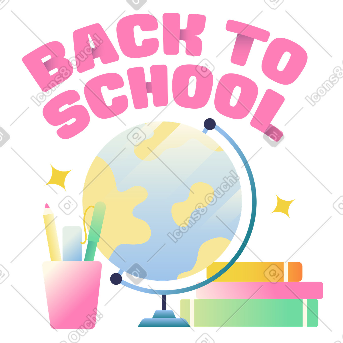Back to School lettering with globe, books, and stationery, New year preparation-Illustration im Beam-Stil als Download in PNG, SVG