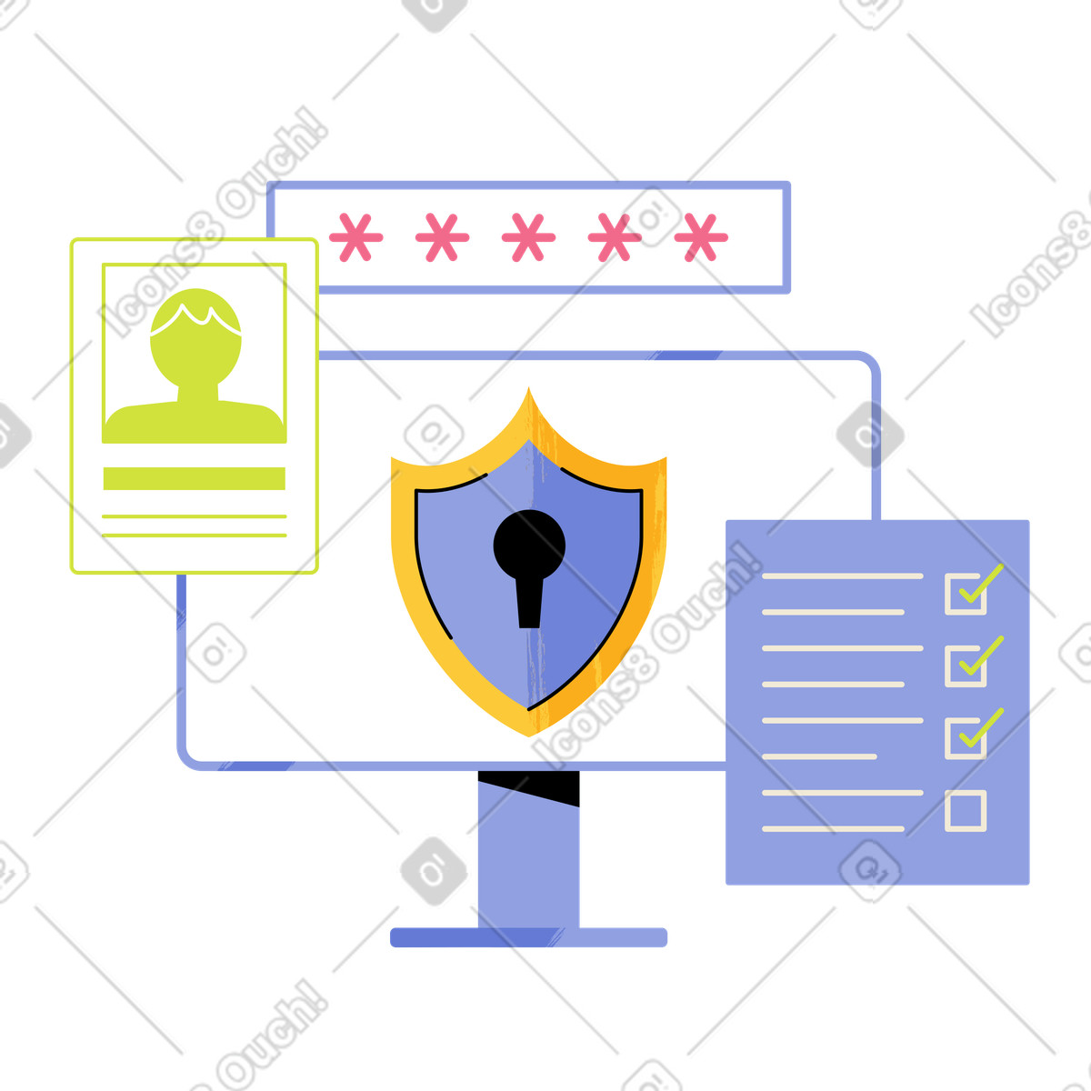 Juicy スタイルの Computer display with shield, password, and checklist, Online account safety protection のイラストをPNG、SVG形式でダウンロード
