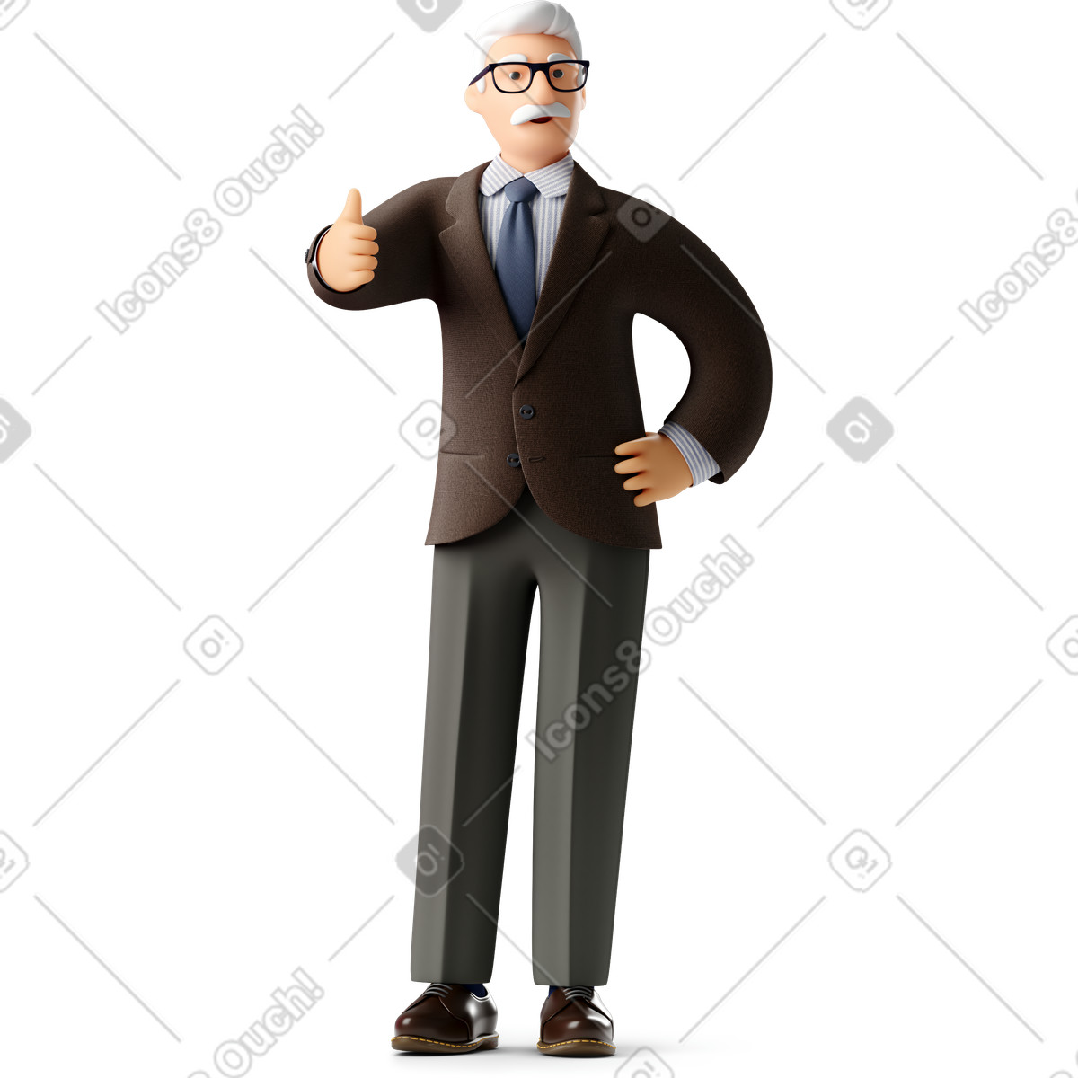 Illustration Vieil homme d'affaires en costume classique et lunettes donnant les pouces vers le haut dans style 3D Business à télécharger aux formats PNG, SVG