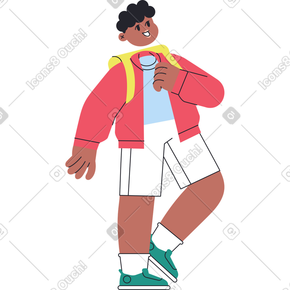 Ilustração de Menino com uma mochila andando e sorrindo em no estilo Boba para baixar em PNG, SVG