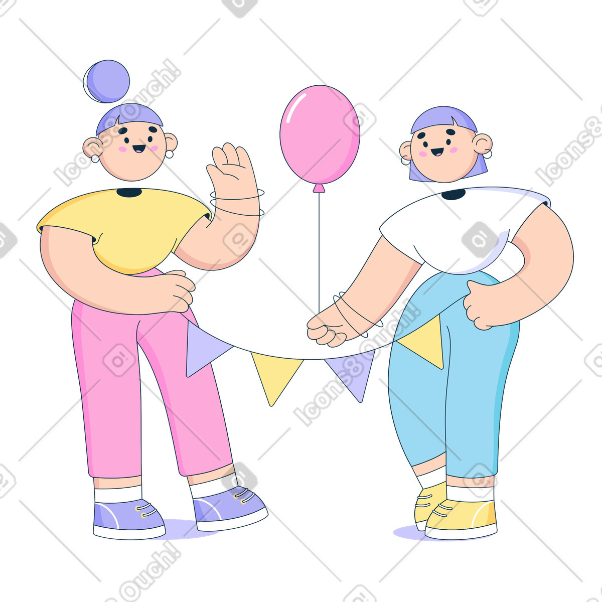 Women cheerfully greet others illustration with balloons and flags cartoon clipart SVG download