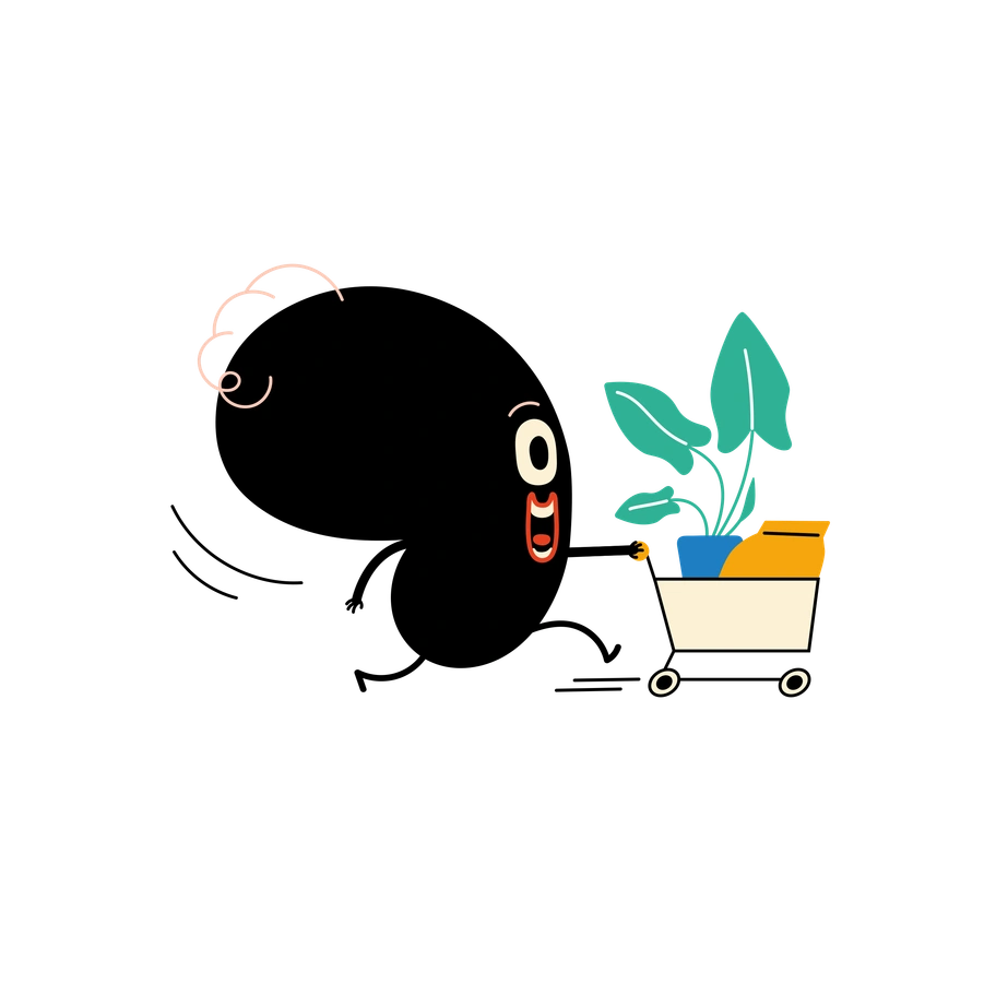 A cheerful character pushing a plant in a cart - Jelly style illustration
