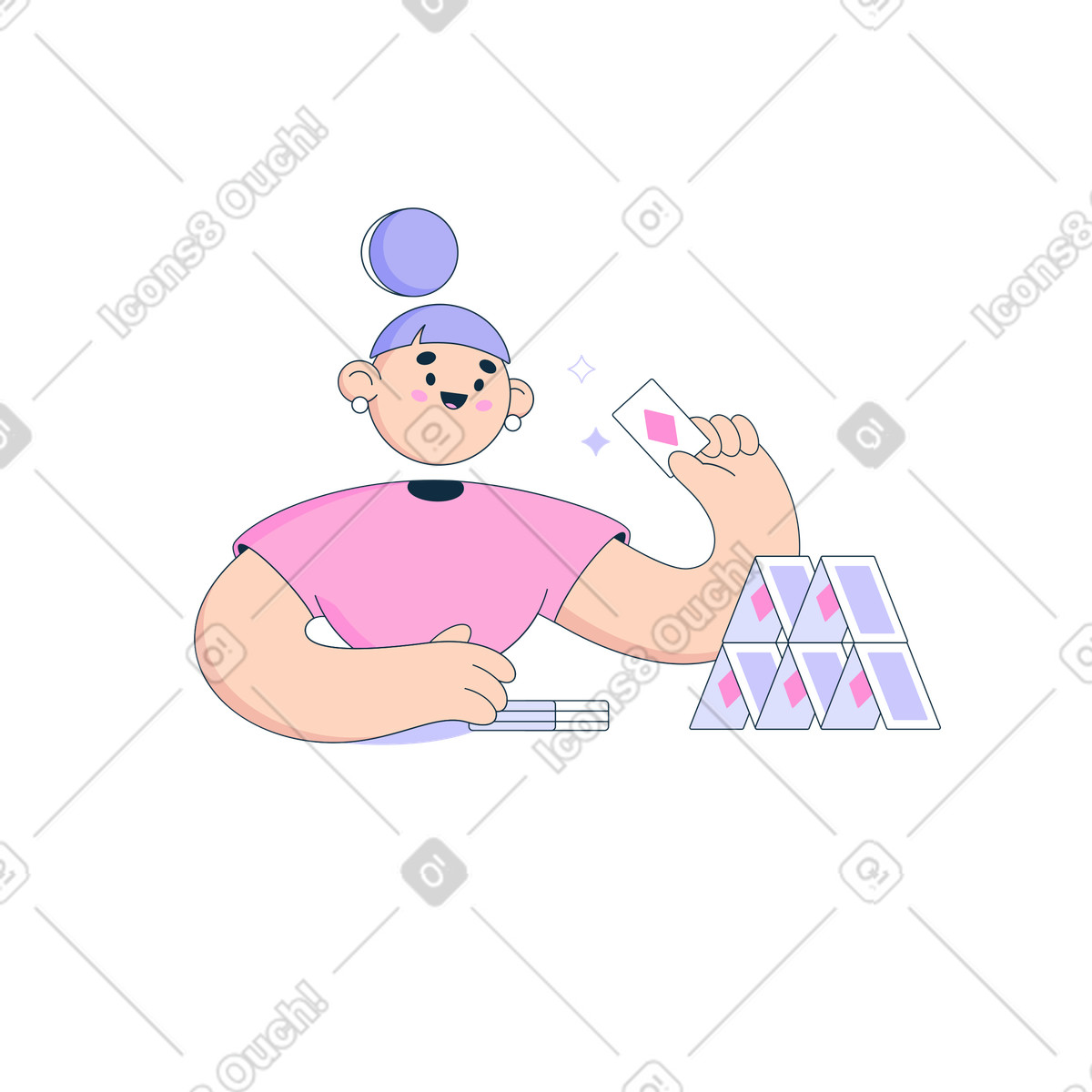 Bubble gum スタイルの トランプで家を建てる女性 のイラストをPNG、SVG形式でダウンロード