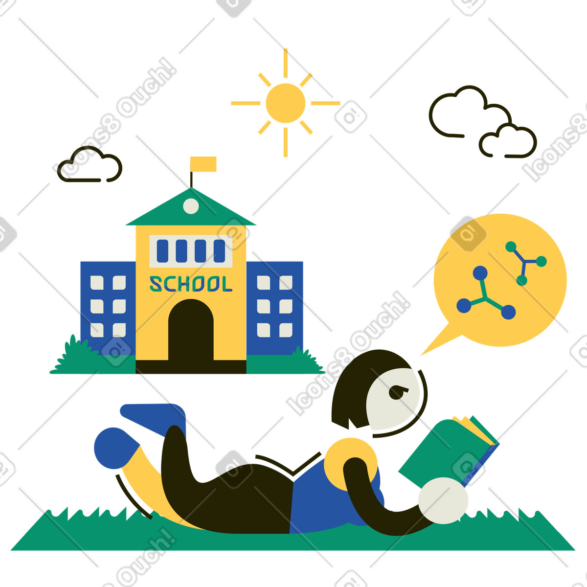 下载 Spot 风格的 学生躺在学校附近的草地上看书 插画，支持 PNG、SVG 格式