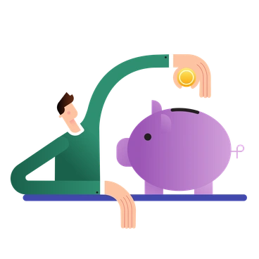 A man depositing a coin into a piggy bank - Wavy style illustration