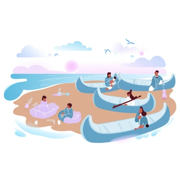A group of Inuit villagers are gathered near a sandy beach, engaged in various activities. There are multiple canoes of different sizes lined up along the shore, each intricately crafted and ready for use. Some villagers are preparing fishing nets, while others are exchanging stories, their bodies showing the traditional clothing made of animal hides and furs. In the background, gentle waves lap at the beach, and a few seabirds are flying overhead. The sky is filled with soft gradient pastel colors that blend harmoniously as the sun sets on the horizon.