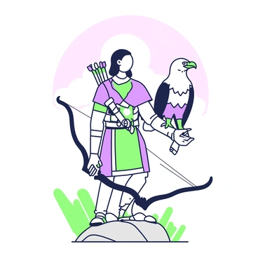 An archer standing alongside a majestic eagle, both scanning the horizon