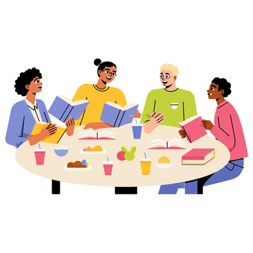 A diverse group of five people is sitting around a round table. There are two women and three men, each representing different ethnic backgrounds. The first woman has curly black hair and is wearing glasses; the second woman has straight brown hair tied in a bun. One man has short blond hair, while another has a beard and curly hair. The last man has long hair and a friendly smile. Each person has an open book in front of them, and they are animatedly discussing the content. The table is filled with various snacks, including a bowl of popcorn, a plate of cookies, and fresh fruit. Colorful drink cups are scattered around the table, adding vibrant hues to the scene. Several books are stacked on the side, and a cozy atmosphere fills the room.