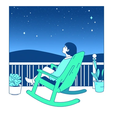 A teal rocking chair is positioned on a white balcony, overlooking a vast expanse of a night sky filled with twinkling stars. A person with short dark hair is seated comfortably in the rocking chair, leaning slightly back with a relaxed posture. They are wearing a cozy light-colored sweater, and their gaze is directed upwards, taking in the beauty of the night sky. The balcony is adorned with small potted plants, which add a touch of greenery to the scene. The surrounding atmosphere is tranquil, enhancing the sense of wonder as the person admires the stars above.