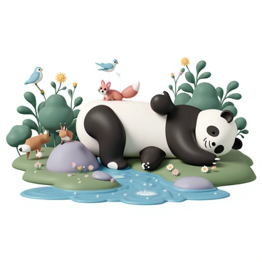 A giant panda with black and white fur, playfully lying on its back, surrounded by various forest animals. There is a small brown rabbit hopping nearby, a curious red fox with a bushy tail peeking from behind a rock, and a bright blue bird perched on a low branch. In the background, a sparkling stream flows gently, reflecting sunlight with its clear water. Lush green foliage frames the scene, with colorful wildflowers dotting the ground, creating a vibrant and lively atmosphere.