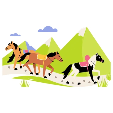 A group of horses carrying colorful packs is traversing a winding mountain trail. The horses are a mix of brown, black, and white with various patterns on their coats. The trail is surrounded by towering green mountains and patches of tall grass. In the background, a clear blue sky adds depth to the scene, while a few fluffy clouds float lazily above. The horses' hooves kick up small stones as they navigate the rocky terrain, creating a dynamic and vibrant atmosphere.