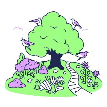 A garden scene filled with lush greenery and various plants. In the center, there is a large tree with a sturdy trunk and wide branches. Several birds, with distinct shapes and features, are perched on the branches, each facing different directions. The sky above the garden is clear, allowing sunlight to filter through the leaves, casting soft shadows on the ground. Surrounding the tree, colorful flowers bloom in clusters, adding to the garden's vibrant atmosphere. A winding path made of stones leads through the garden, inviting viewers to explore further.