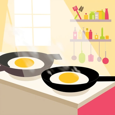 A steamy kitchen filled with warm light. Several frying pans are arranged on a stove, each containing a perfectly round "fried egg" with golden edges. The pans are shiny and black, contrasting with the bright yellow yolks. In the background, there are colorful kitchen utensils hanging on the wall and a shelf filled with various spices. The air is filled with the aroma of cooking, and small clouds of steam rise from the pans, creating a cozy atmosphere.