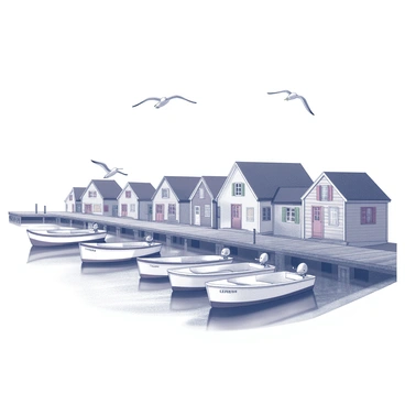 A coastal village with small houses arranged closely together. The architecture features wooden facades and colorful shutters. In the foreground, several boats are docked along a wooden pier, gently bobbing on the water's surface. Seagulls are flying overhead, some gliding gracefully while others are perched on the railings of the pier. The sky is clear, allowing for a bright view of the village and the surrounding sea.
