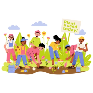 A group of diverse children, including boys and girls of various ethnicities, are enthusiastically planting saplings in a vibrant community garden. Each child is wearing colorful clothes and has a joyful expression on their face. Nearby, there are various gardening tools scattered around, such as small shovels and watering cans. The garden is filled with rich green plants, flowers of different colors, and a clear blue sky overhead. The children are working together, helping each other as they dig holes in the soil and carefully place the young plants in the ground. "Plant a seed today!" is written in bright letters on a nearby sign, promoting community involvement in gardening.