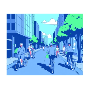 A blue city street bustling with activity, filled with various bicycles parked along the sides. People of diverse backgrounds are riding bicycles, some wearing bright helmets and casual clothing, enjoying their eco-friendly transportation. There are green trees lining the street, providing shade and a touch of nature. In the background, modern buildings with large glass windows reflect the vibrant scene. A few pedestrians can be seen chatting and walking alongside the bicycles, creating a lively atmosphere.
