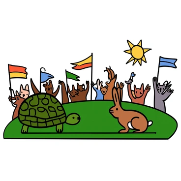 A tortoise with a textured shell and a light green complexion stands at the starting line of a race. Beside him is a hare with long ears and a sleek, tan body, looking determined. Both animals are in a crouched position, ready to race. The scene is lively, with a variety of animals in the background, including a squirrel, a fox, and a bird, all cheering enthusiastically. Colorful flags are waving in the air, adding to the excitement of the competition. The sun is shining brightly, illuminating the vibrant colors of the animals and the grassy track.