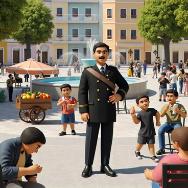 A vibrant town square filled with various activities and people. In the center stands "Mier y Teran," a man with medium skin tone and a dignified expression, dressed in a traditional military uniform, featuring a dark jacket adorned with buttons and a sash. Around him, people are engaged in daily life activities; a vendor selling colorful fruits from a wooden cart, children playing with a ball, and a couple sitting on a nearby bench enjoying ice cream. The square is surrounded by charming buildings with colorful facades and windows adorned with flower boxes, while a large fountain is in the background, with water gently cascading down. The atmosphere is lively and bustling, conveying a sense of community.