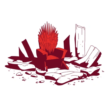 A red Iron Throne is positioned prominently amid ancient ruins. Surrounding the throne are broken white pillars, some partially collapsed and others leaning at precarious angles. Scattered stones litter the ground, adding to the scene's desolation. Faint traces of foliage peek through the cracks in the stone floor, hinting at nature reclaiming the area. The atmosphere is heavy with the weight of history, with shadows cast by the remnants of the once-grand structure.